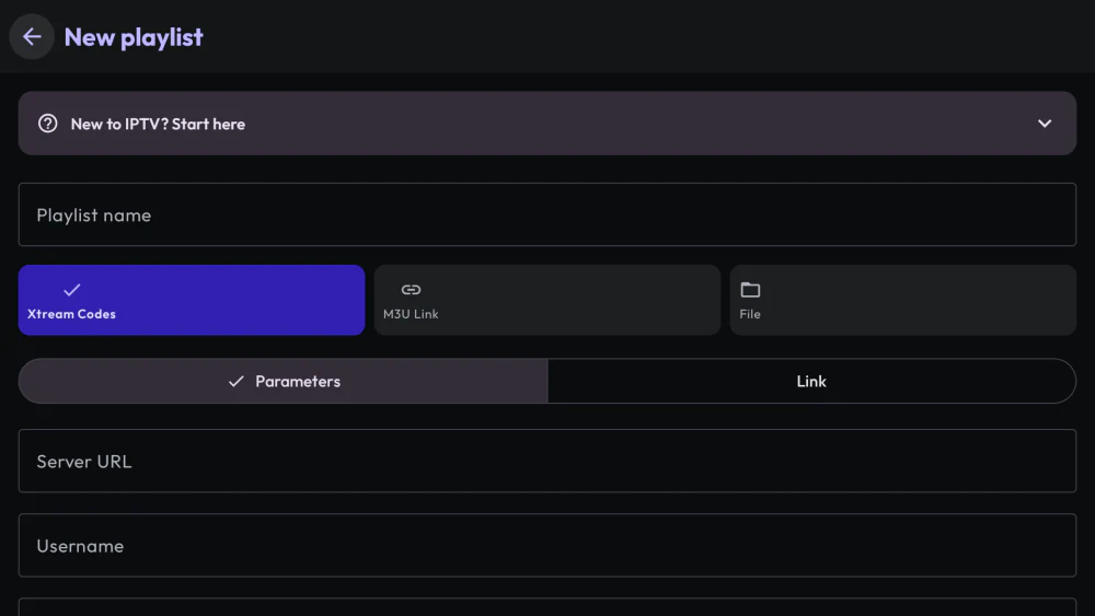 Playlist management screen showing Xtream Codes and M3U sources
