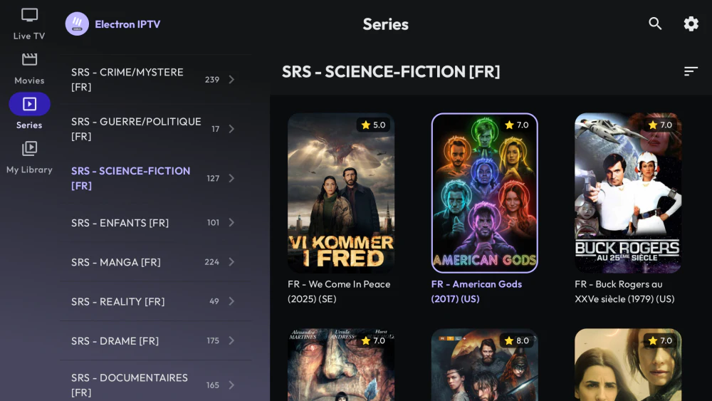 Series category browser showing posters and ratings