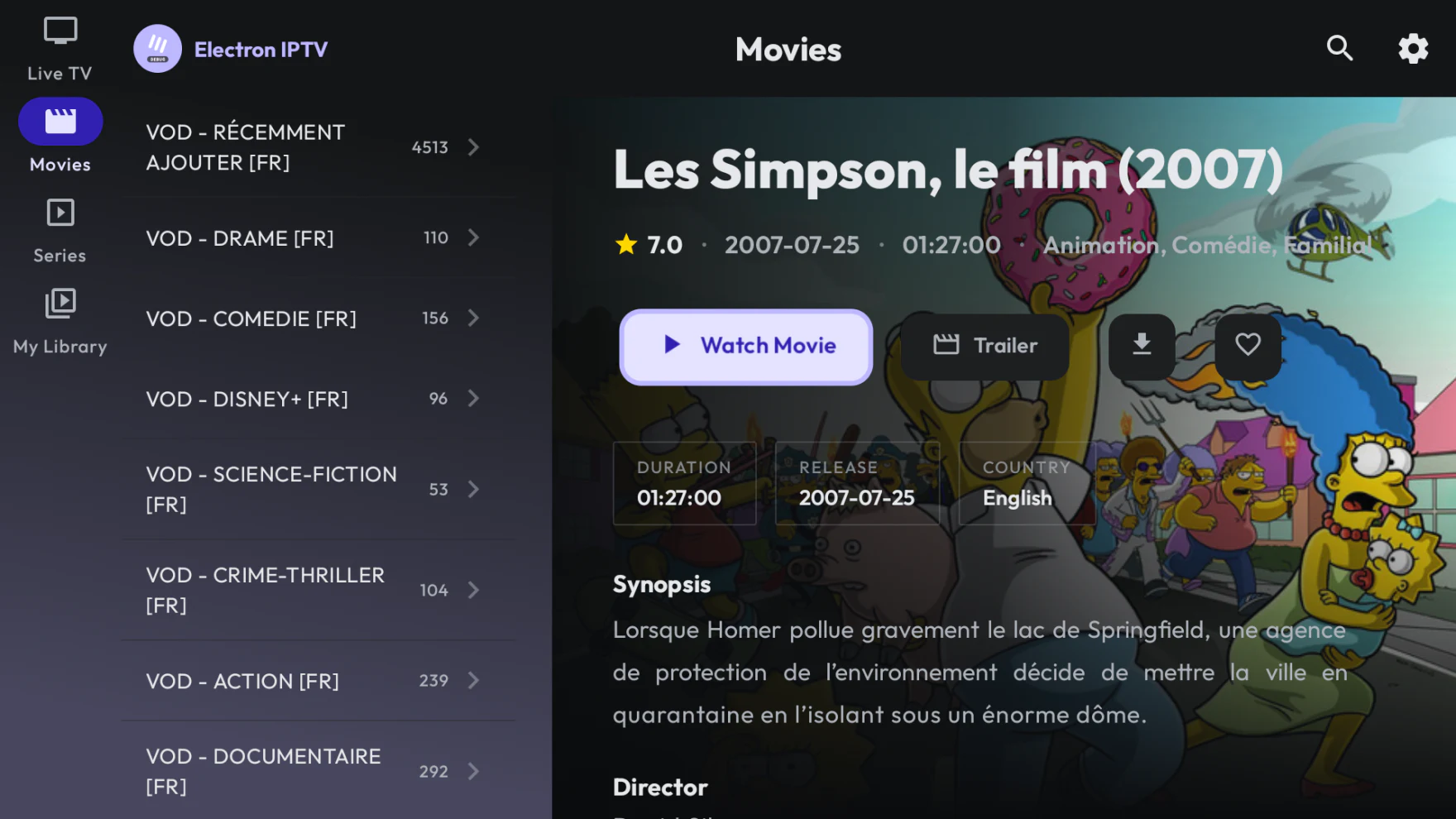Electron IPTV movie details screen on Android TV